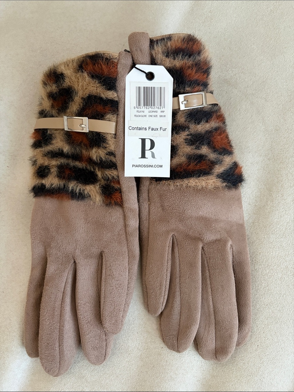 Pia Rossini Taupe Faux-Suede Gloves with Leopard Faux-Fur Cuff